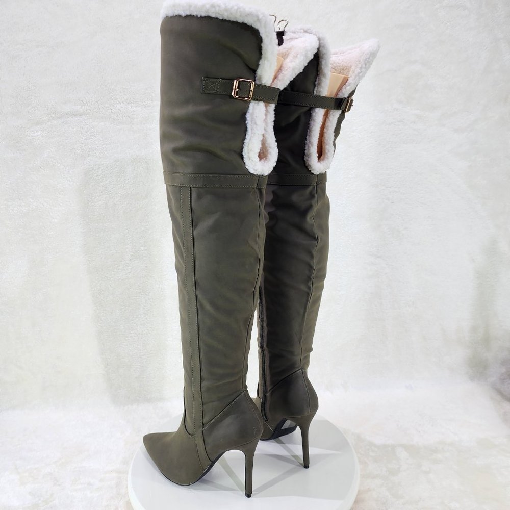 Olive Green Fluffy Fleece Lined Fold Under / Over the Knee Pointy Toe Boots - Picture 5 of 13